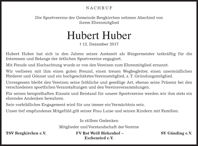  Traueranzeige für Hubert Huber vom 18.12.2017 aus merkurtz