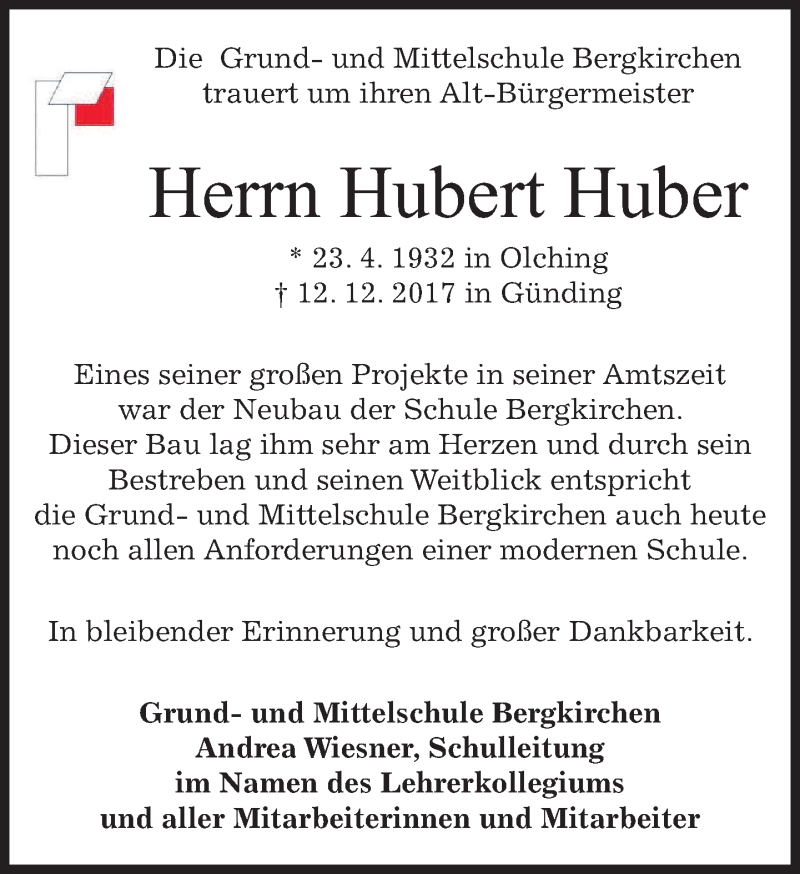  Traueranzeige für Hubert Huber vom 16.12.2017 aus merkurtz