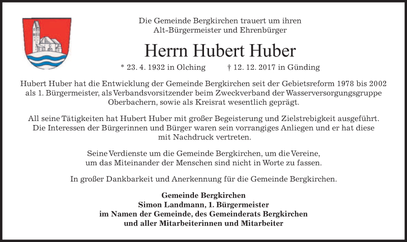  Traueranzeige für Hubert Huber vom 16.12.2017 aus merkurtz
