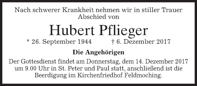  Traueranzeige für Hubert Pflieger vom 12.12.2017 aus merkurtz