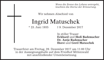 Traueranzeige von Ingrid Matuschek von merkurtz