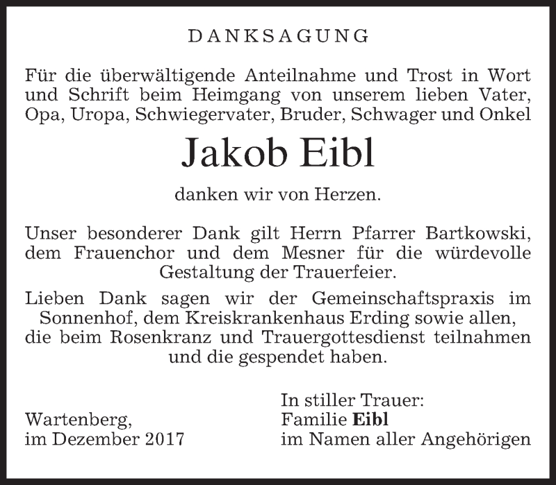  Traueranzeige für Jakob Eibl vom 02.12.2017 aus merkurtz
