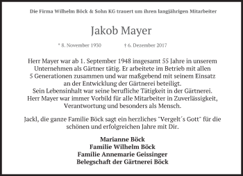 Traueranzeige von Jakob Mayer von merkurtz