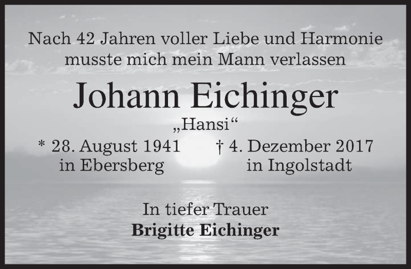  Traueranzeige für Johann Eichinger vom 07.12.2017 aus merkurtz