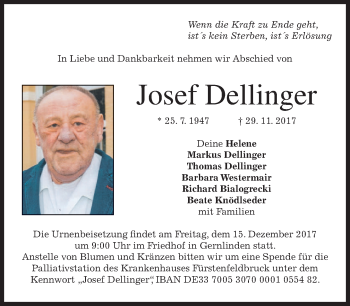 Traueranzeige von Josef Dellinger von merkurtz