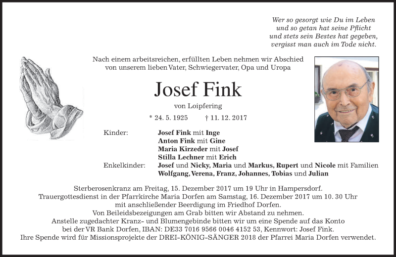  Traueranzeige für Josef Fink vom 13.12.2017 aus merkurtz