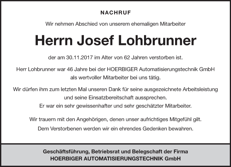  Traueranzeige für Josef Lohbrunner vom 07.12.2017 aus merkurtz