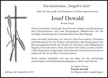 Traueranzeige von Josef Oswald