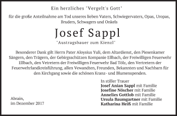 Traueranzeige von Josef Sappl von merkurtz