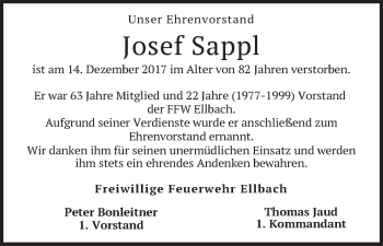 Traueranzeige von Josef Sappl von merkurtz