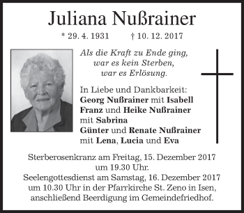 Traueranzeige von Juliana Nußrainer von merkurtz