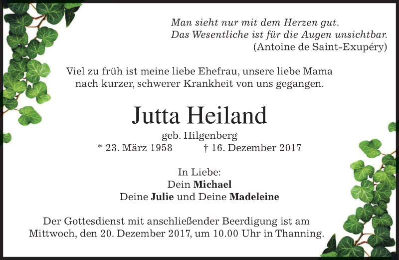  Traueranzeige für Jutta Heiland vom 18.12.2017 aus merkurtz