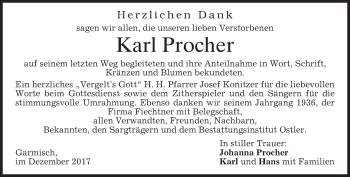 Traueranzeige von Karl Procher von merkurtz