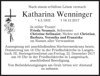 Traueranzeige von Katharina Wenninger von merkurtz