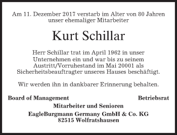 Traueranzeige von Kurt Schillar von merkurtz