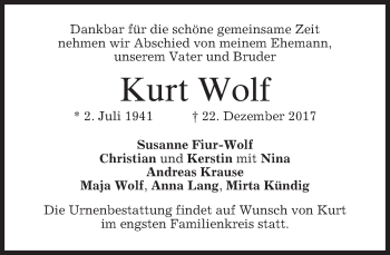 Traueranzeige von Kurt Wolf von merkurtz