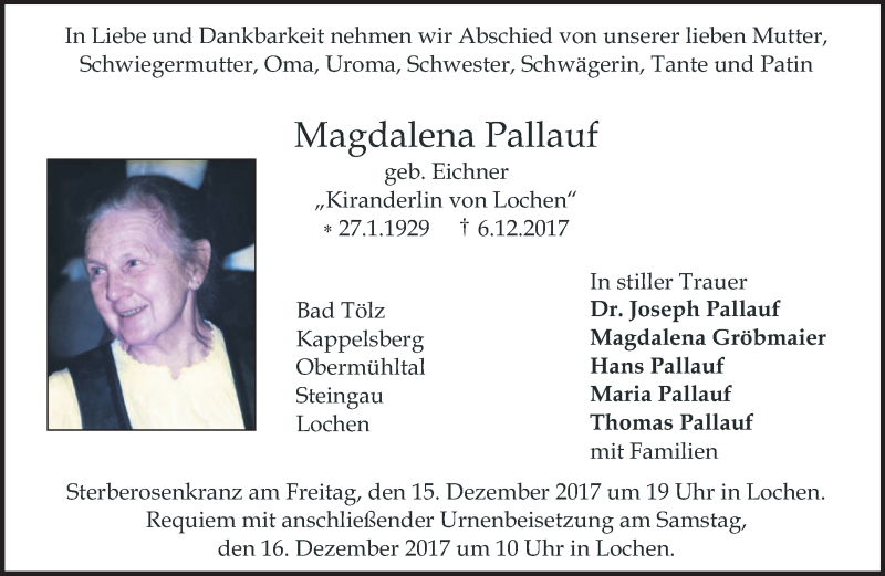  Traueranzeige für Magdalena Pallauf vom 13.12.2017 aus merkurtz