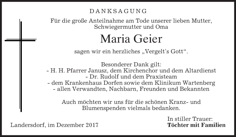  Traueranzeige für Maria Geier vom 13.12.2017 aus merkurtz
