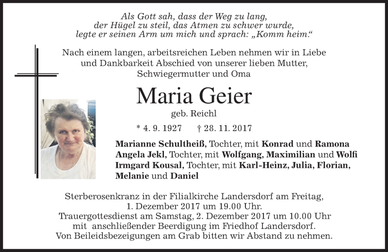 Traueranzeigen von Maria Geier | trauer.merkur.de