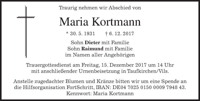  Traueranzeige für Maria Kortmann vom 09.12.2017 aus merkurtz