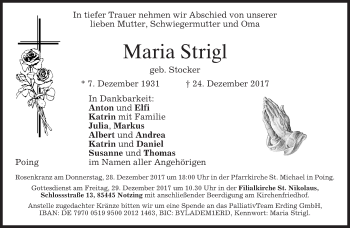 Traueranzeige von Maria Strigl von merkurtz