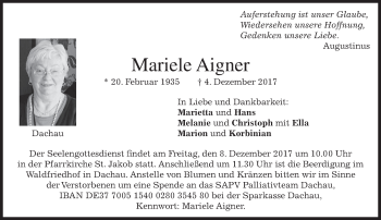Traueranzeige von Mariele Aigner von merkurtz