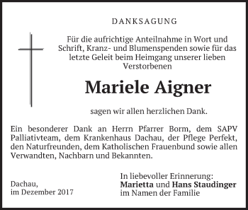 Traueranzeige von Mariele Aigner von merkurtz