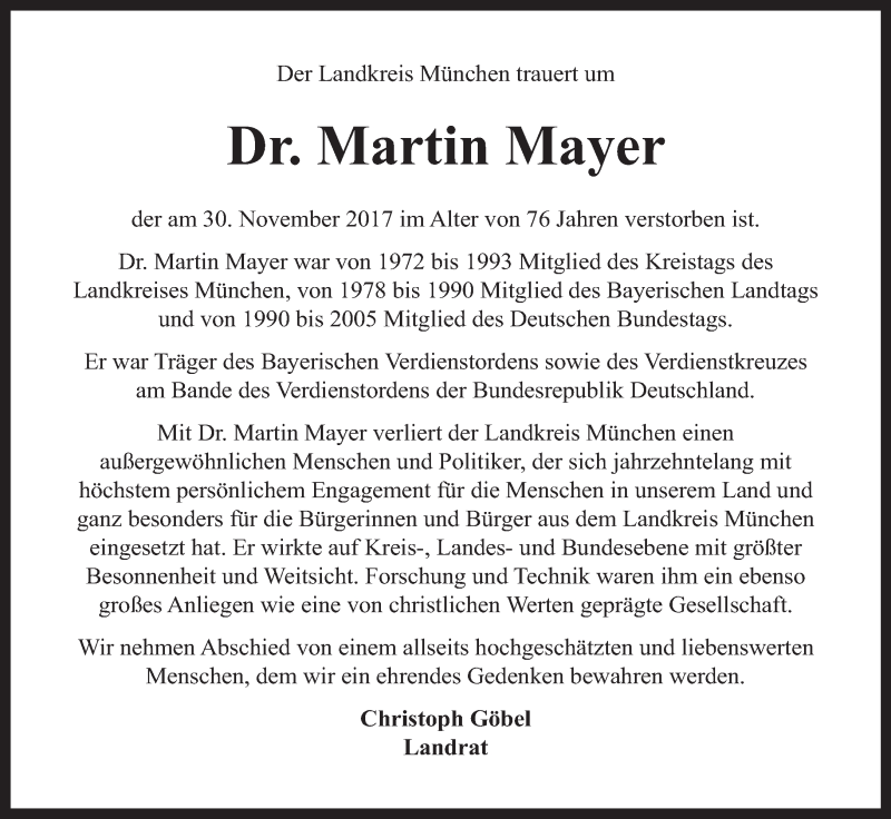  Traueranzeige für Martin Mayer vom 02.12.2017 aus merkurtz