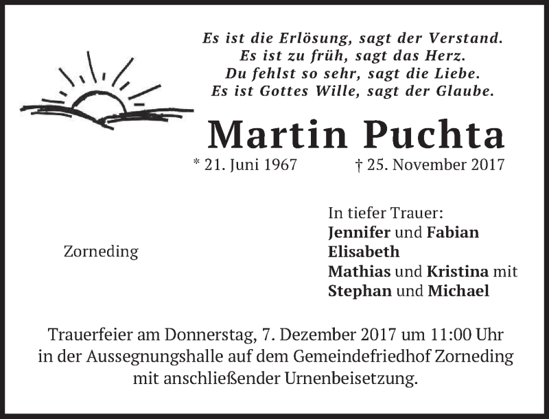  Traueranzeige für Martin Puchta vom 02.12.2017 aus merkurtz