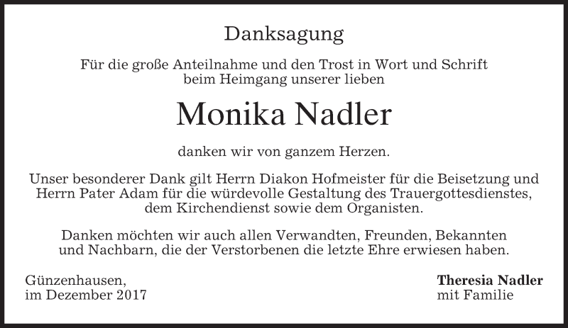  Traueranzeige für Monika Nadler vom 30.12.2017 aus merkurtz