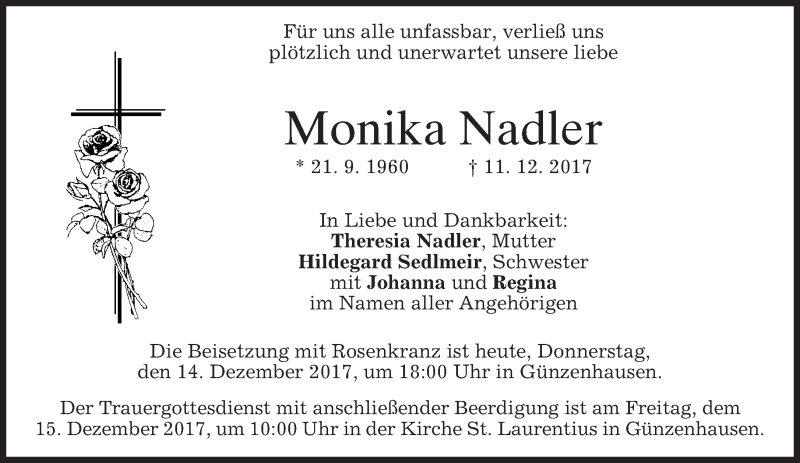  Traueranzeige für Monika Nadler vom 14.12.2017 aus merkurtz