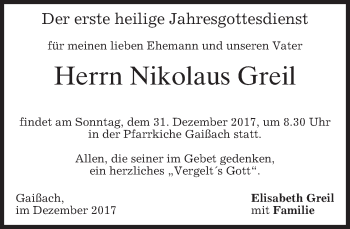 Traueranzeige von Nikolaus Greil von merkurtz