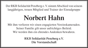 Traueranzeige von Norbert Hahn von Das Gelbe Blatt Penzberg