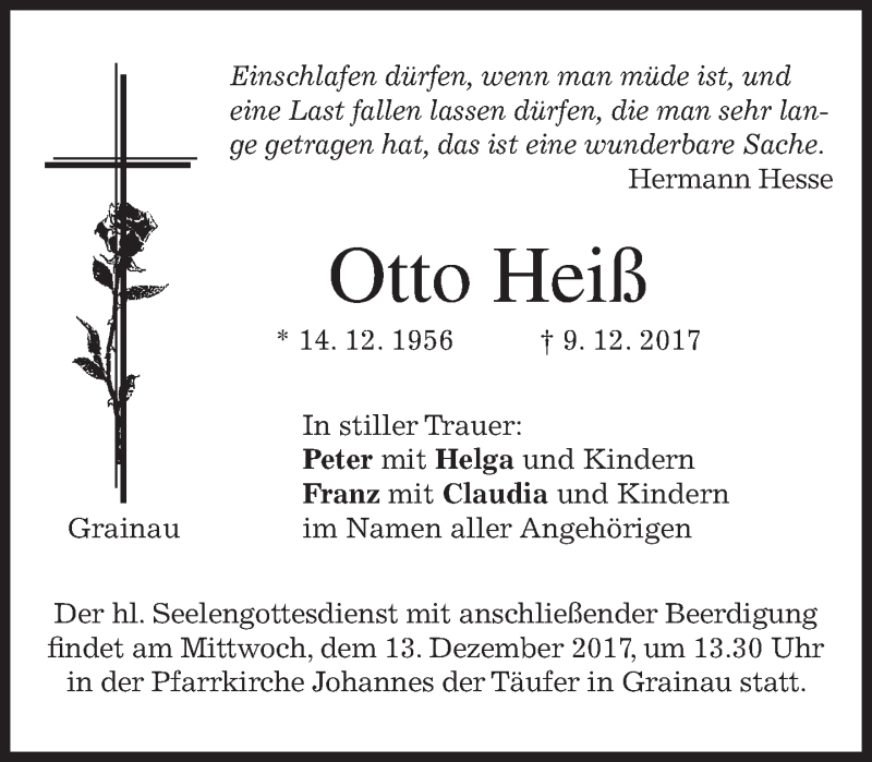  Traueranzeige für Otto Heiß vom 12.12.2017 aus merkurtz