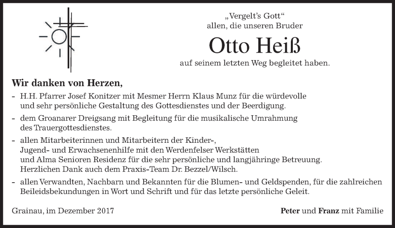  Traueranzeige für Otto Heiß vom 23.12.2017 aus merkurtz