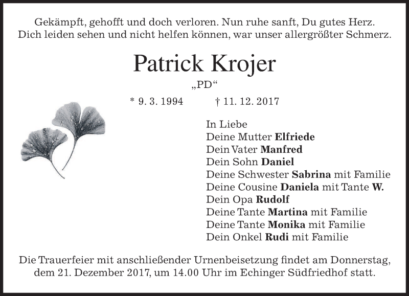  Traueranzeige für Patrick Krojer vom 16.12.2017 aus merkurtz