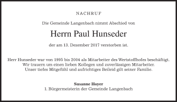 Traueranzeige von Paul Hunseder von merkurtz