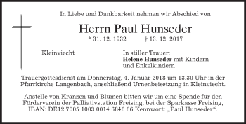 Traueranzeige von Paul Hunseder von merkurtz