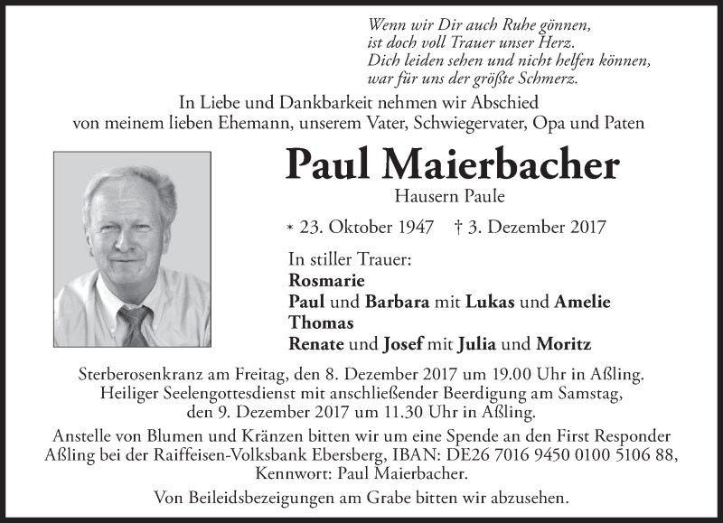  Traueranzeige für Paul Maierbacher vom 06.12.2017 aus merkurtz