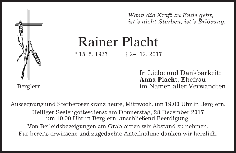 Traueranzeige für Rainer Placht vom 27.12.2017 aus merkurtz