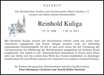 Traueranzeige von Reinhold Kuliga von merkurtz