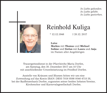 Traueranzeige von Reinhold Kuliga von merkurtz