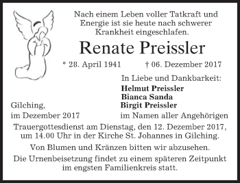 Traueranzeige von Renate Preissler von merkurtz