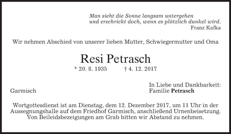  Traueranzeige für Resi Petrasch vom 08.12.2017 aus merkurtz
