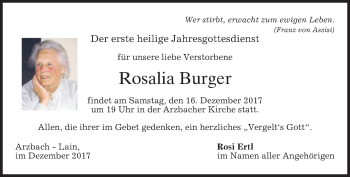 Traueranzeige von Rosalia Burger von merkurtz
