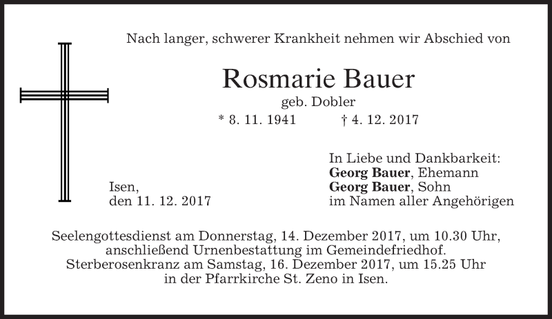  Traueranzeige für Rosmarie Bauer vom 11.12.2017 aus merkurtz