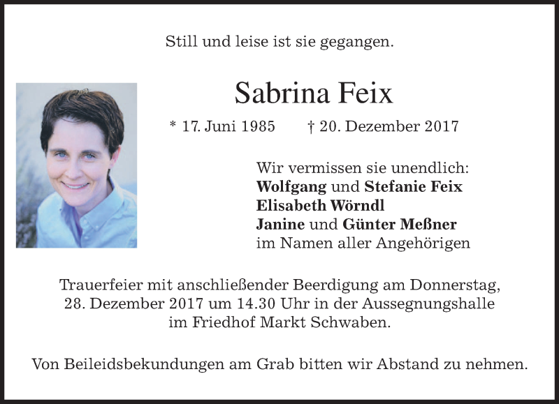  Traueranzeige für Sabrina Feix vom 23.12.2017 aus merkurtz