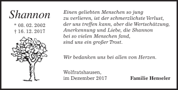 Traueranzeige von Shannon Henseler von merkurtz