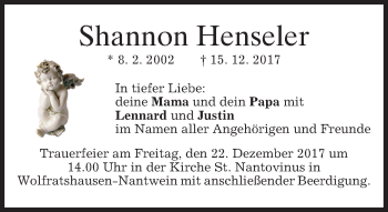 Traueranzeige von Shannon Henseler von merkurtz