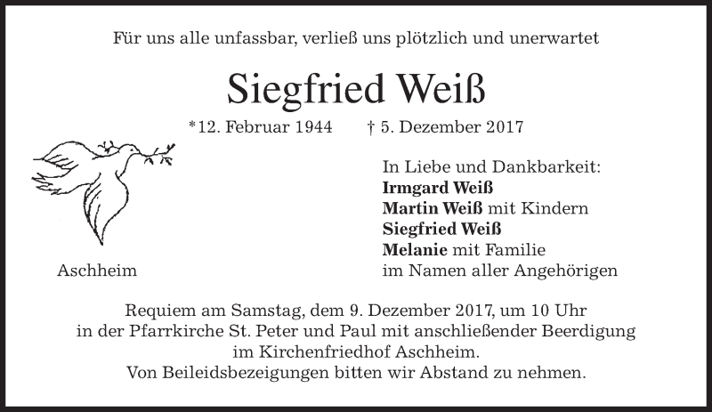  Traueranzeige für Siegfried Weiß vom 07.12.2017 aus merkurtz